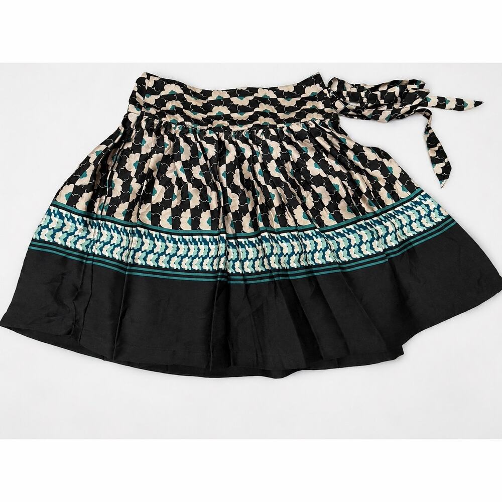 Cotélac Boho Chic Wrap Skirt Size 0 Black Teal Abstract Floral Parisian Artsy